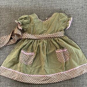 Girls' Olive Green Striped Casual Dress with Brown Gingham Accents